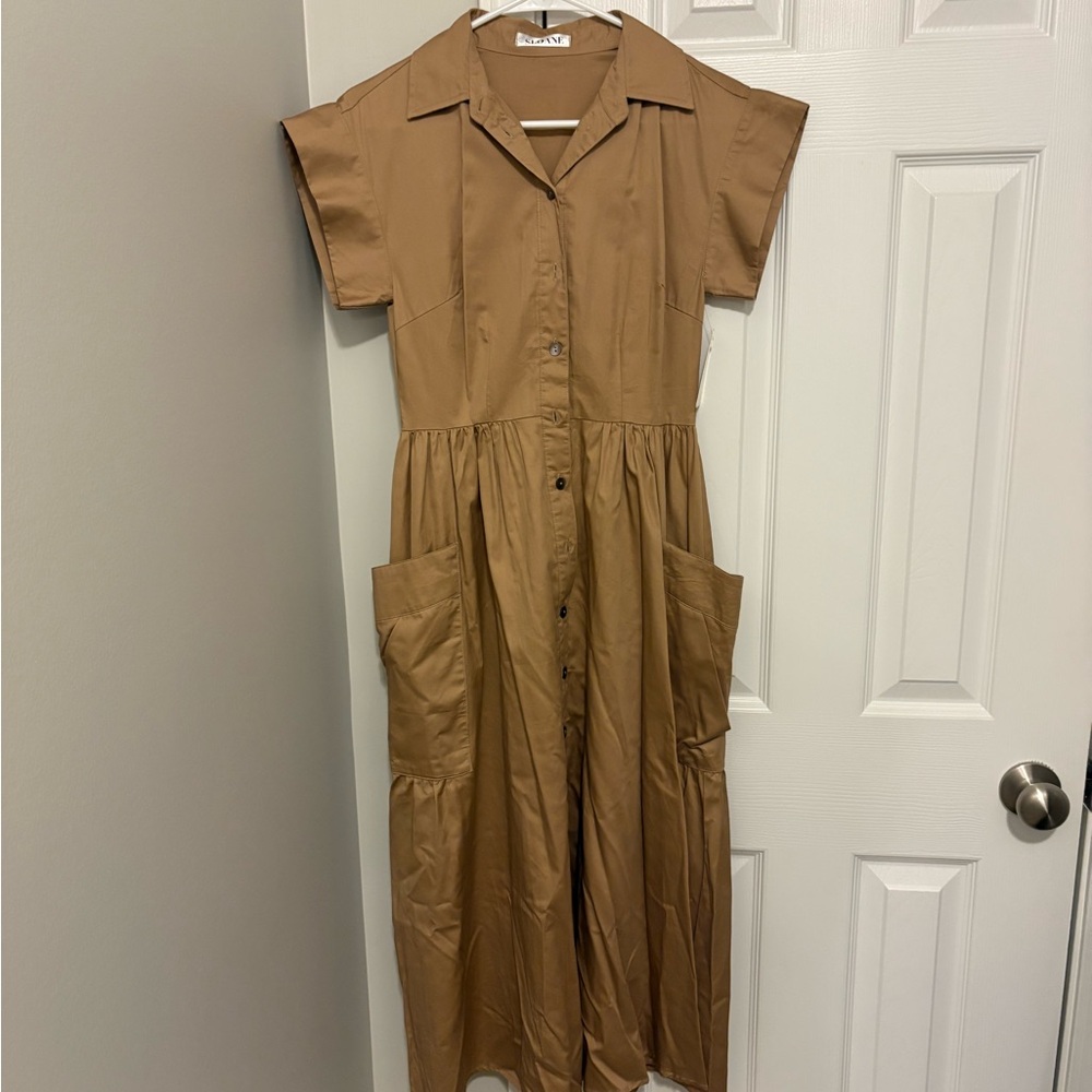 SLOANE NWT S Tan Camel Button-Front Maxi Dress with Pockets shirt dress style